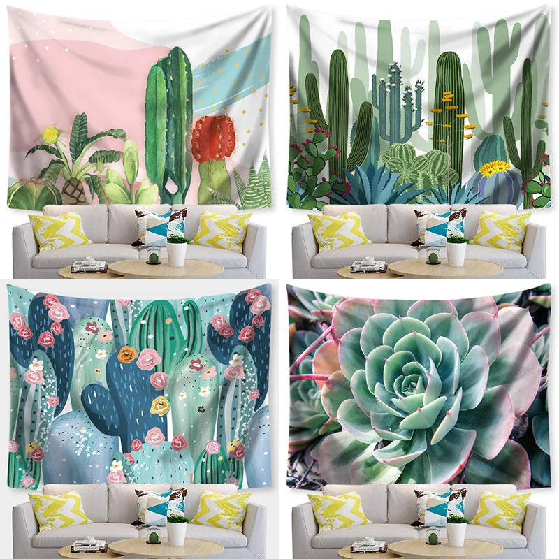 Bohemia Tapestry Green Cactus Succulents Landscape Macrame Wall Hanging Tapestries Picnic Blanket Living Room Wall Cloth