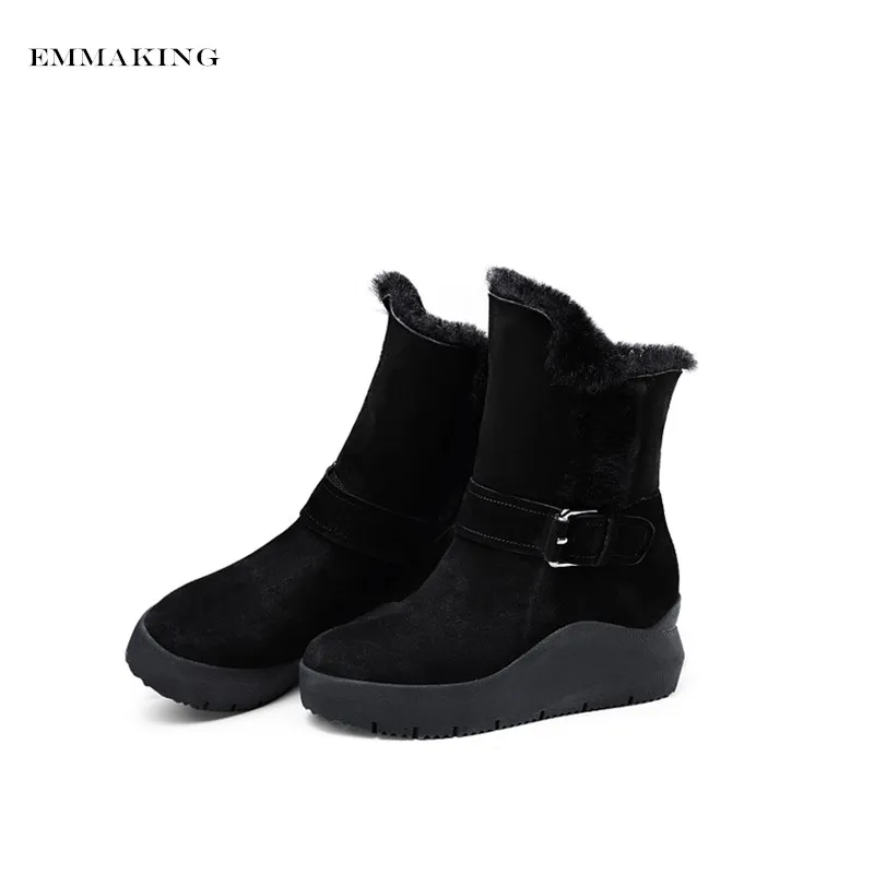 

EMMAKING Winter Genuine Sheepskin Fur Platform Snow Ankle Boots For Women Short Boots With Buckle Antiskid Shoes