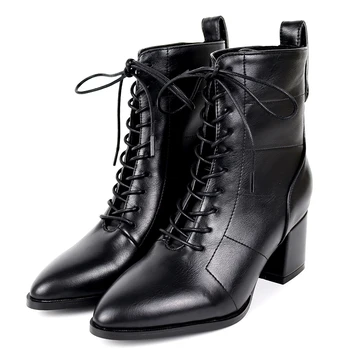 

Fashion Square Heel Cross Lace-Up Ankle Boots Pointed Toe Thick-Soled Lace Up Autumn And Winter Short Plush Women's Boots