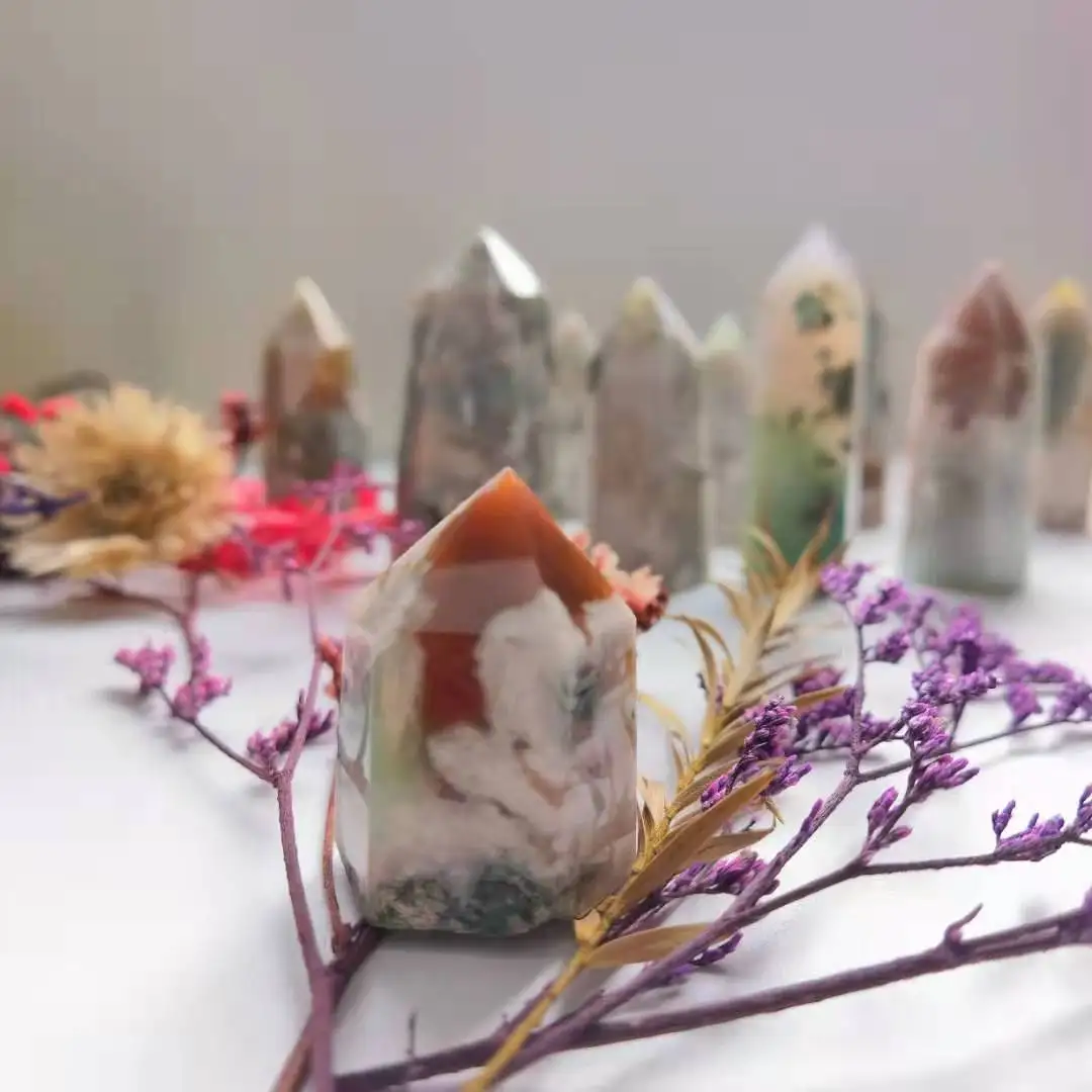 

Wholesale Natural Green Cherry Blossom Agate Points Wands High Quality Crystal Points Tower For Home Decoration LCK