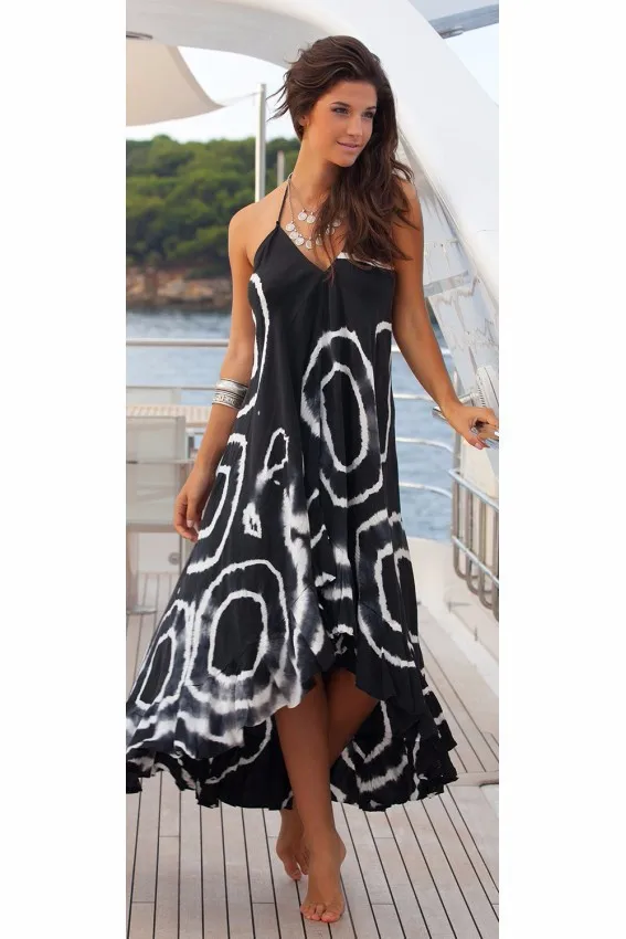 

Ozhouzhan WOMEN'S Dress Sling Deep V-neck Circle Printed Irregular Long Dress
