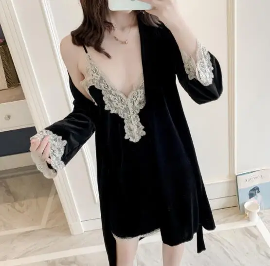 Осень-зима Для женщин одежда для сна пикантный Халат Robe комплекты из бархатного плюша 2 шт. пижамный комплект с принтом человека-кружевная ночная сорочка халаты одежда для сна - Цвет: as picture