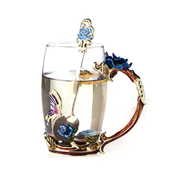 

Colorful Roses Enamel Water Glass High-grade Crystal Glass Round Birthday Gift Couple Coffee Cup Gift Box Blue Rose Spoon