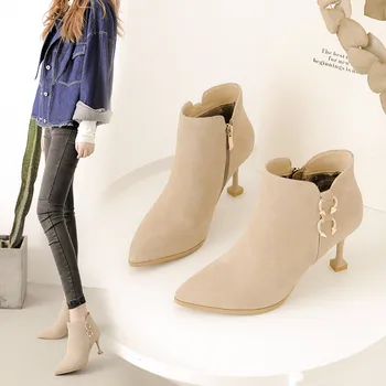 

Women's boots ladies fashion stiletto side zipper Martin boots women's winter plus velvet protection heating high heels