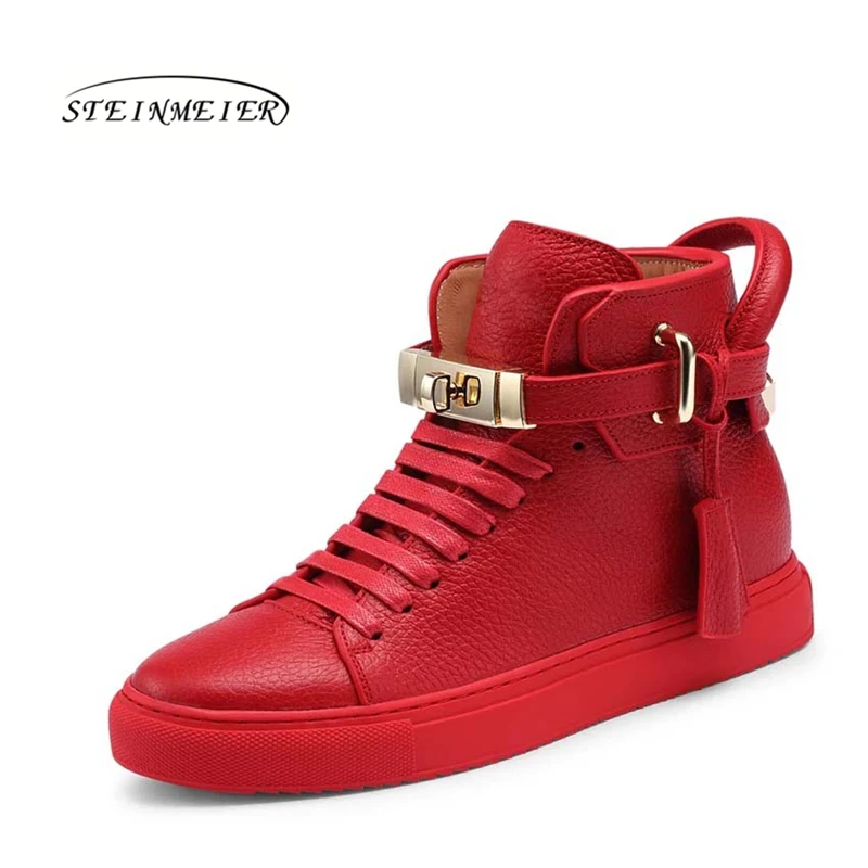 Women Embossed High Top Sneakers Lock Lace Red Platform Real