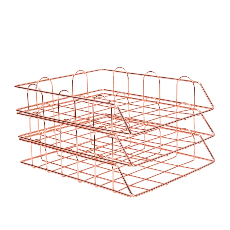 3 tray Rose Gold Модный креативный Золотой металлический поднос для файлов, органайзер для журналов, настольный набор ручной работы, многослойный органайзер для файлов - Цвет: 3 tray Rose Gold