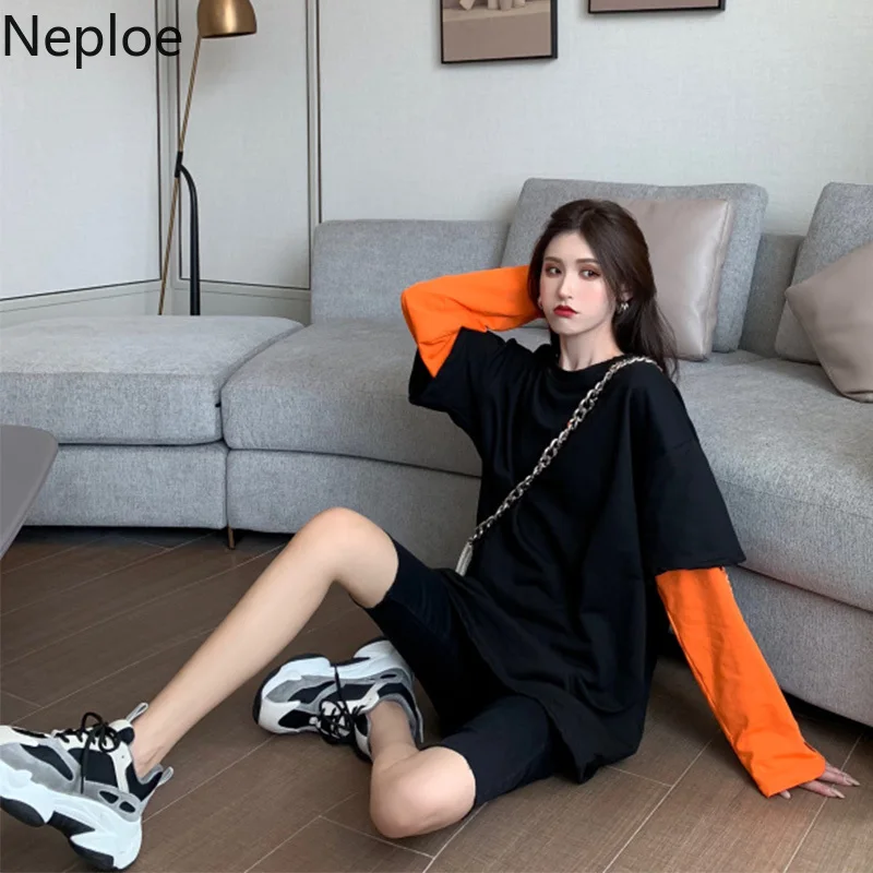 Neploe/осень-весна, новинка, свободная футболка с имитацией двух предметов, футболка с круглым вырезом и длинными рукавами, Ins, футболки, контрастный цвет, повседневный топ в стиле пэчворк с буквенным принтом