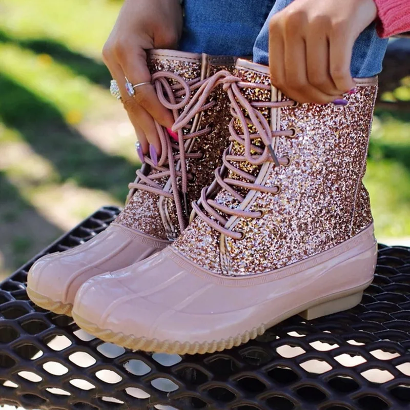 

2019 Women Sexy Fashion Ankle Snow Boots Bling Sequin Winter Rain Boots Waterproof Female Duck Boots Women Shoes