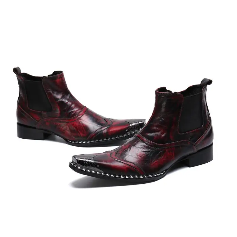 Street Style Luxury Chelsea Ankle Boots Men Metal Pointed Toe Genuine Leather Boots Mens Retro Mixed Colors High Toe Shoes 37-46