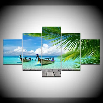 

Canvas Painting 5 Pieces Beach blue palm trees Painting Wall Art Anime Home Living Room Decor Panels Poster Modular Pictures