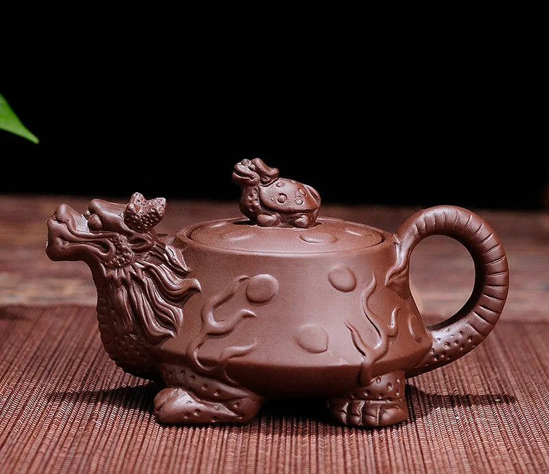 Традиционный китайский чайный горшок из красной фиолетовой глины, чайный горшок с драконом и черепаховым чайником, чайный заварочный чайный набор, символ долговечности