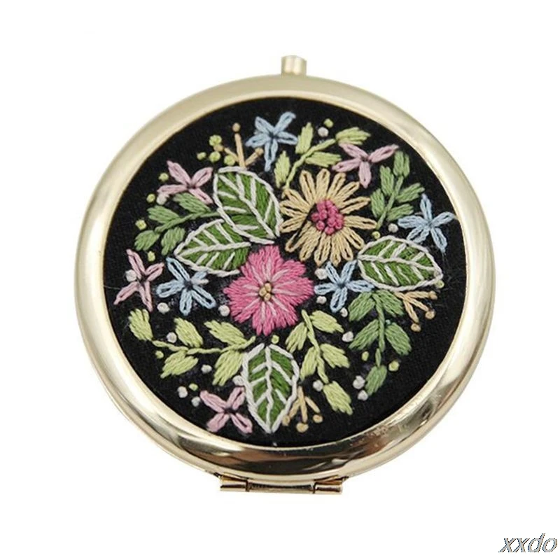 DIY Embroidery Kit Compact Pocket Floral Makeup Mirror Double side