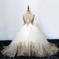 Модная Заводская распродажа, Золотое кружевное платье с аппликацией Primera Comunion Robe Mariage Enfant Fille, праздничные Платья с цветочным узором для