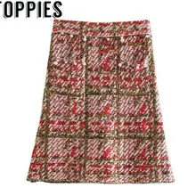 Зимние женские розовые клетчатые вязаные юбки с жемчужинами и бисером мини-юбка с высокой талией