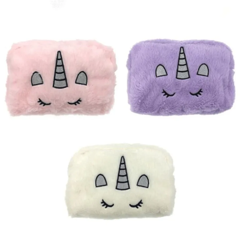 

High Quality Makeup Bag Plush Cosmetic Bags Unicorn Embroidery Organizer Bag Large Capacity Cosmetic Washing Bag For Women