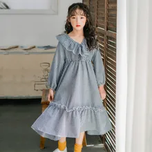 Платья для девочек, модное весеннее клетчатое платье с v-образным вырезом для маленьких девочек, элегантные милые детские платья с длинными рукавами для девочек 6-14 лет