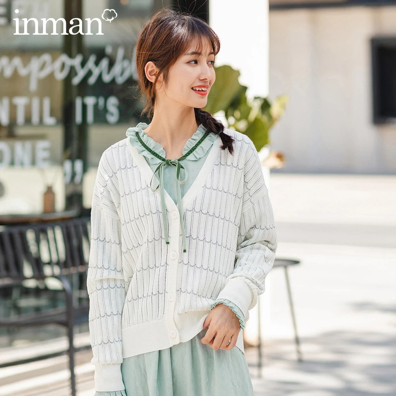 

INMAN 2020 Spring New Arrival Literary V Neck Sweet Style Women Hollow Out Cardigan Sweater