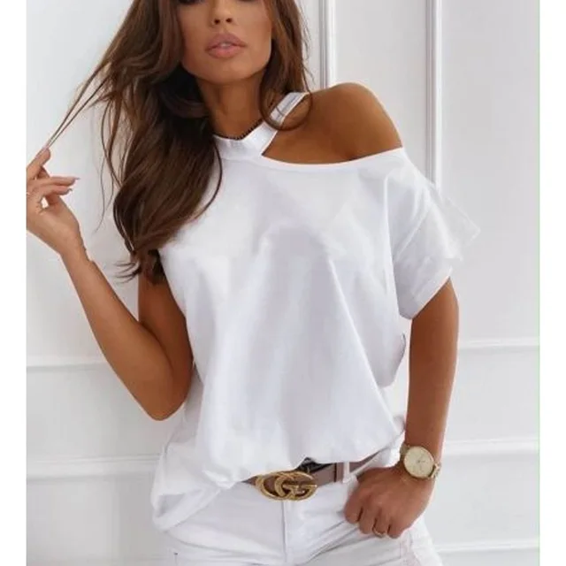 Large size Top Sexy Off Shoulder summer Tshirt Women Print Casual Summer Short Sleeve O neck