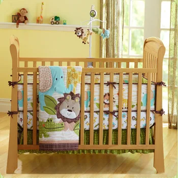 

Selling Cot bedding set 7pcs Baby boy bedding set 100% cotton Crib bedding set 3Dembroidery lion elephant giraffe and crocodile