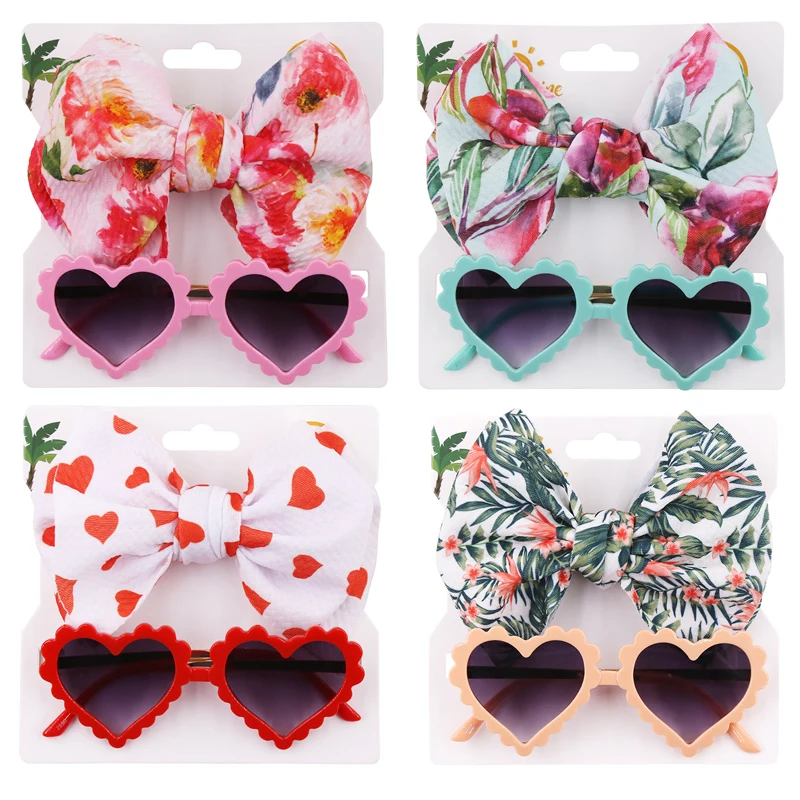 Baby Girls Headband Sunglasses Set Bow Printed Hair Accessories Toddler Girl Hairbands Summer Beach Photography Props 2pcs 2pcs pack baby headband flower sunglasses kids headwear baby girl hair accessories beach photography props toddler head bands