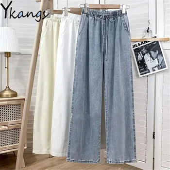 탄성 밴드 높은 허리 Drawstring 넓은 다리 청바지 여성 기본 클래식 데님 바지 느슨한 간단한 한국어 블루 화이트 베이지 바지포켓 한국 패션 만능 청바지 학생용 루즈한 캐주얼 청바지 엄마의 얇은 봄, 가을, 여름 청바지졸라매는 끈와이드 레그 팬츠 여성의류 하이틴 캐주얼 드레스 배기바지 전체 빈티지 일자바지한국 패션 와이드 다리 바지 스트리트 패션 전체 하단