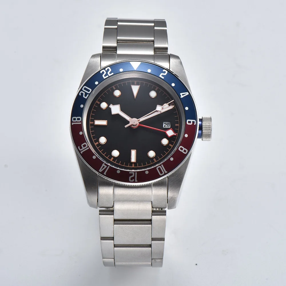 GMT Часы мужские 41 мм автоматические механические часы Красные Синие алюминиевые вращающиеся ободки светящиеся военные мужские часы 02