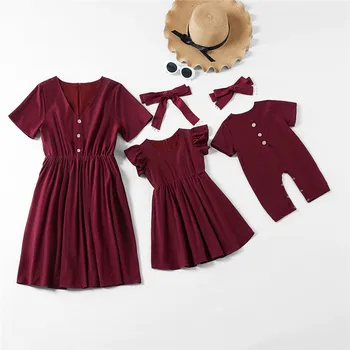 

New Family Matching Dress Pure Color Botton Mother And Daughter Dresses Baby Romper With Headband 3 Colors Mommy And Me Clothes