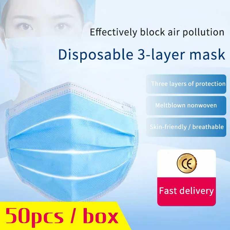 

Fast shipping 3-layer disposable mask 50pcs filter safety dust mask face protection face shield respirator mascarillas