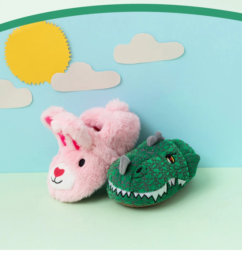 Зимние детские тапочки с милым кроликом для маленьких девочек и мальчиков; теплые меховые домашние тапочки с рисунком динозавра; детские домашние тапочки