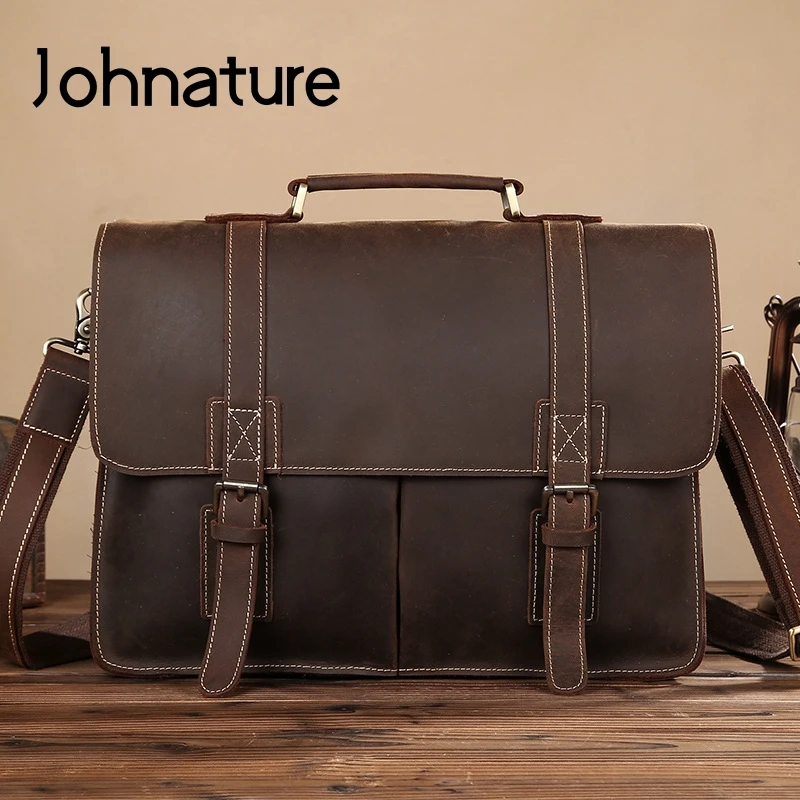 Мужская кожаная сумка для ноутбука Johnature портфель из воловьей кожи в стиле ретро