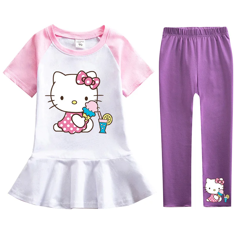 thumbnail image 1 of Ropa para niños de Hello Kitty, vestido de manga corta de algodón, pantalones, traje para niñas, falda de princesa de dibujos animados a la moda + Pantalones de dos piezas, 1 of 5