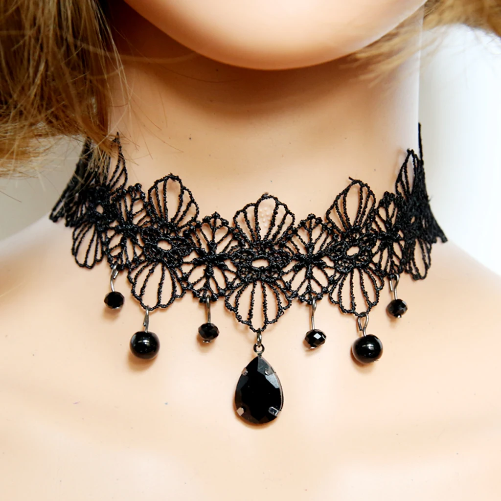 Wedding Party Beads Rhinestone Tassels Chain Pendant Gothic Necklace for Women Vintage Punk Black Lace Choker 