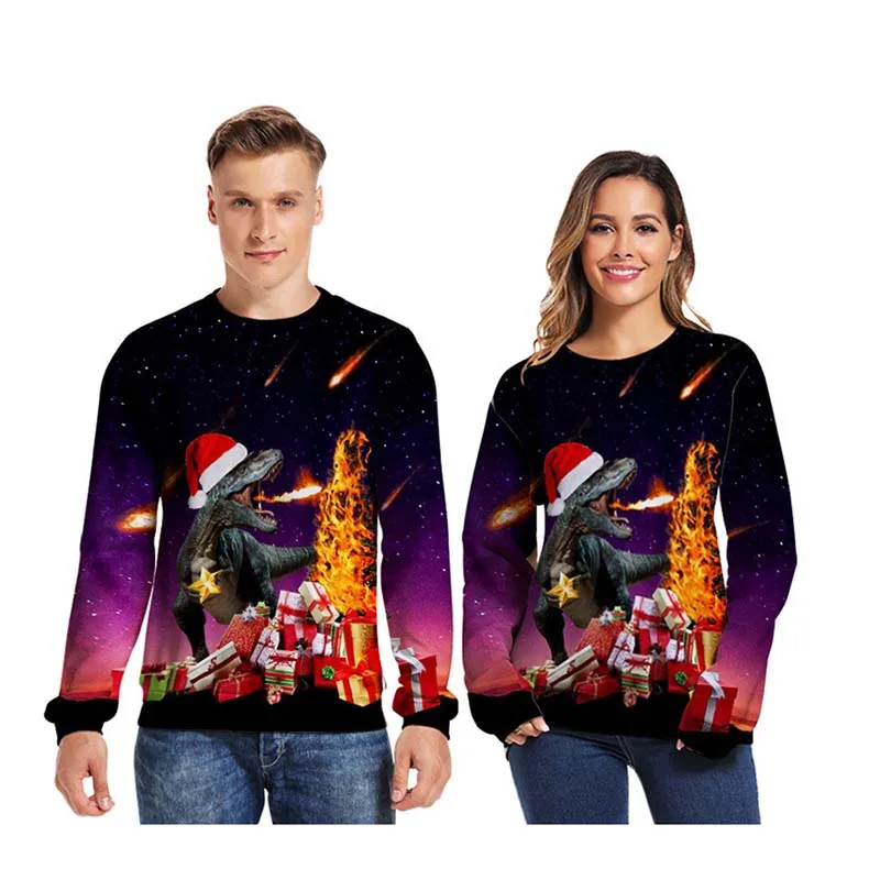 Tanie Unisex świąteczny sweter brzydkie świąteczne swetry męskie damskie swetry zimowe jesienne topy drukuj zabawny dinozaur topy odzież