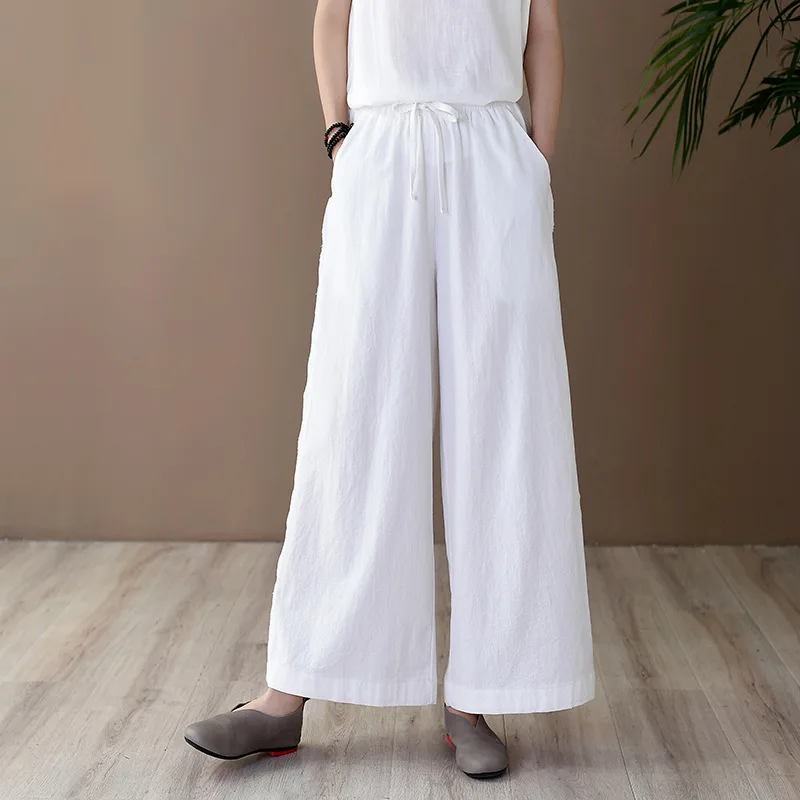 

Хлопковые и льняные женские брюки, повседневные капри для весны и лета, широкие штаны для отдыха