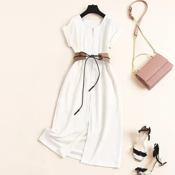 

Women elegant brief dress spring summer 2020 batwing sleeve front slit office lady OL sexy white black dresses wide belt