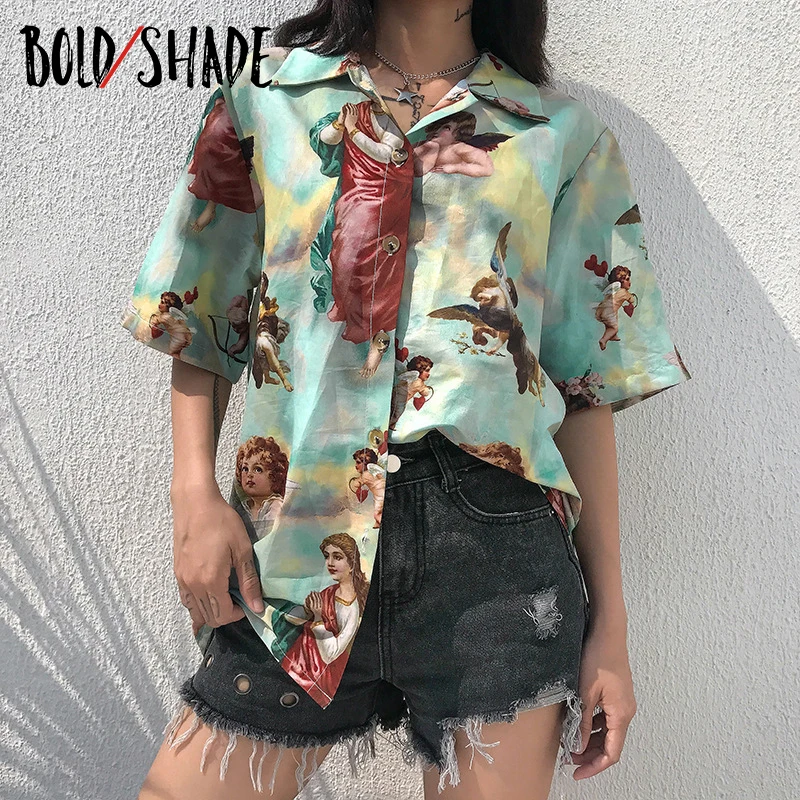 Bold Shade Y2K Aestheic 90s Blouse Angle Printed Short Sleeve Button Front Satin Vintage Streetwear Shirts Autumn Summer Women