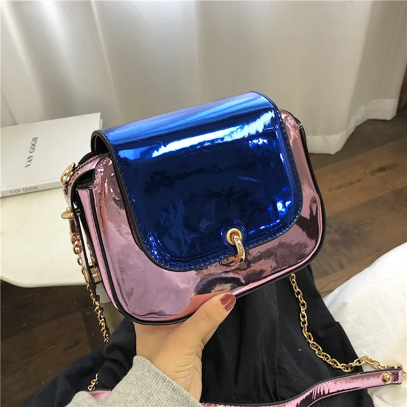 

New Fashion Bright Painted Leather PU Single Shoulder Slant Bag Simple Chain Small Square Bag Tide
