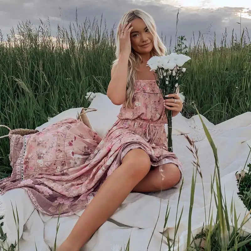 Boho розовый bloom с цветочным принтом платье на бретелях, с кисточками, с эластичной талией gypsy женская летняя обувь платье без бретелек Вечерние пляжное платье одежда