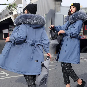 

Winter Korean version of the new party to overcome large fur collar long section slim cotton coat plus velvet liner female