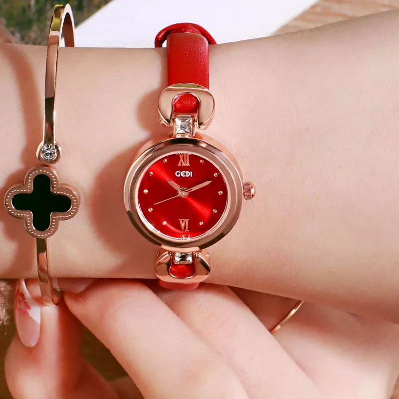 Relogio Feminino GEDI 8 мм ультратонкие женские кварцевые часы Лакшери модные часы Montre Femme женские элегантные часы браслет подарок - Цвет: Red
