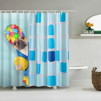 

Waterproof Thicken Cute Dog with Flowers Blue Polyester Mildew Proof Bath Tub Shower Curtain with 12 pcs Hooks