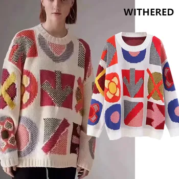 

Withered Ins vintage sweaters womens runway Basic shape Jacquard weave oversize boyfriend o-neck pulloversize sweater women tops