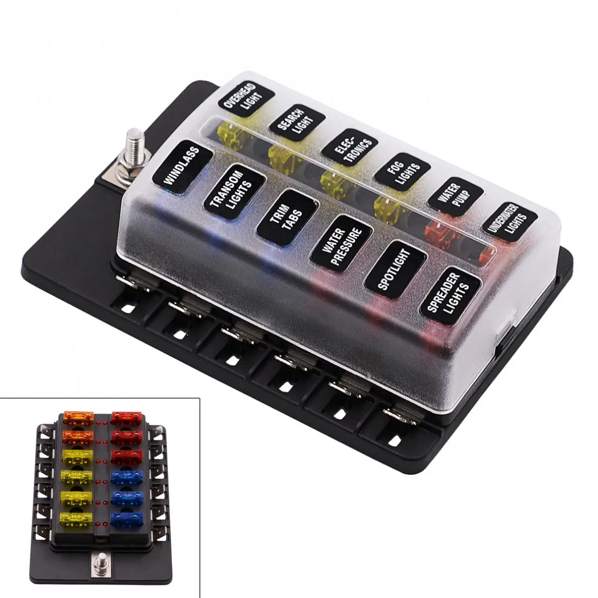 

Max 32V Plastic Cover 12 Way Blade Fuse Box Holder M5 Stud with LED Indicator for Car Boat Marine