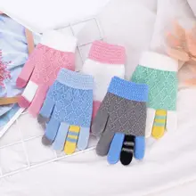 Детские утепленные перчатки с сенсорным экраном, пять пальцев, перчатки для мобильного телефона, Детские теплые вязаные тянущиеся перчатки на весь палец