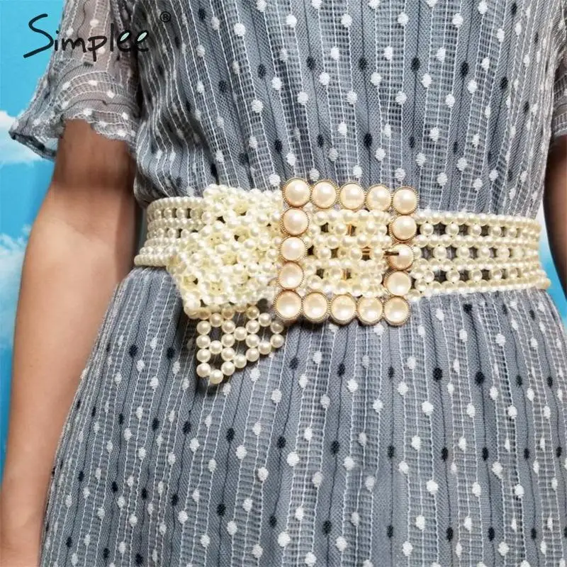 Simplee Элегантный женский пояс с жемчугом на талии эластичный пряжкой и жемчужной