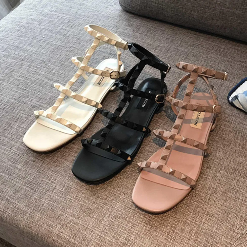 

BELLECOM New 2019 summer tire calfskin flat bottom leather Roman rivet open toe loop with women's sandals