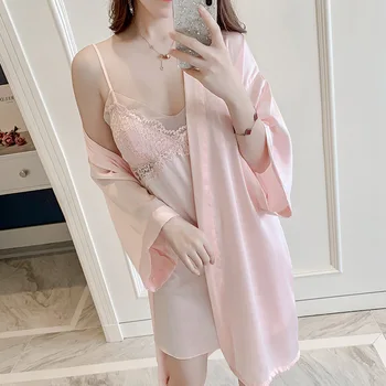 

Women 2PCS Nighty&robe Suit Satin Kimono Gown Casual Bathrobe Sleepwear Silky Nightgown Summer New Nightdress Intimate Lingerie