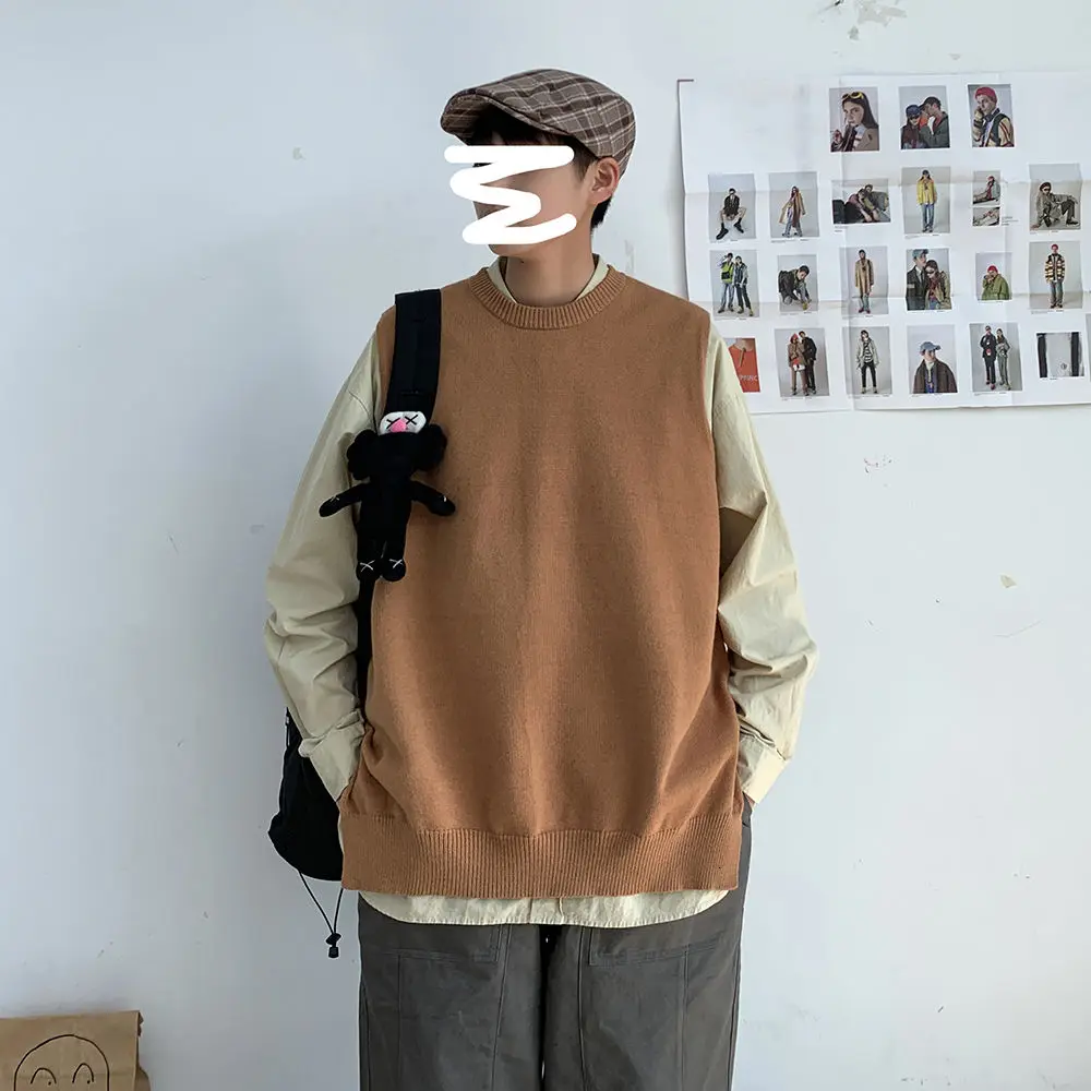 

2020 Korean Style Men's Trendy Clothes Waistcoat Hip Hop Coats Sleeveless Pullover Fashion Sweaters Vest Wool Male Clothing