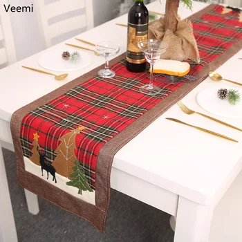 

Merry Christmas Grid Sticking Cloth Elk Tree Table Runner Christmas Decorations for Home Dining Table Flag Place Mat