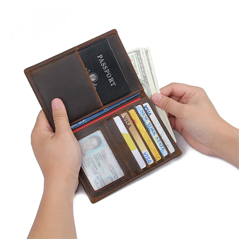 

Men Genuine Crazy Horse Leather Passport Cover Vintage Passport Card Holder Case Unisex Coffee Credit Card Case Pocket Wallet